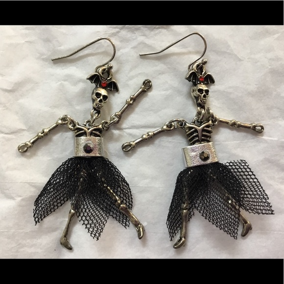 Bat and Skeleton Wearing Dress Dangle Earrings - Picture 1 of 8